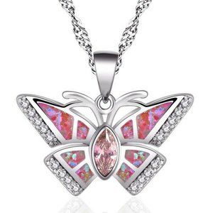 SALE ** Fire Pink Opalite Butterfly Necklace With Pink Topaz Inlay